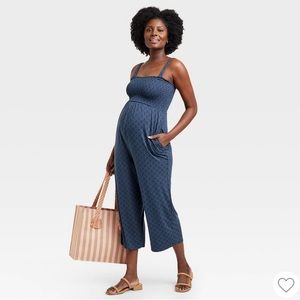 Isabel maternity blue floral smocked jumpsuit women’s size large